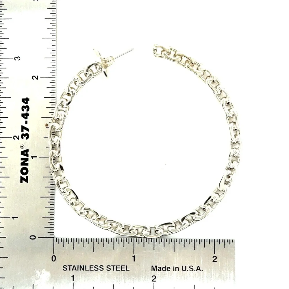 Tory Burch Silver Tone Chain Link Hoop Earrings Large Statement Post Backs